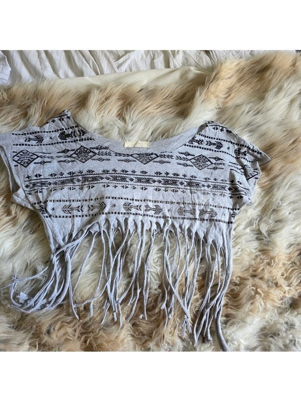 Hot Topic Gray Tribal Fringe Crop Top